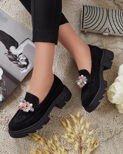 Royalfashion Čierne dámske mokasíny s farebnými kryštálmi Glam