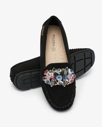 Royalfashion Ažurové čierne dámske mokasíny s ozdobnými kryštálmi Cizzas
