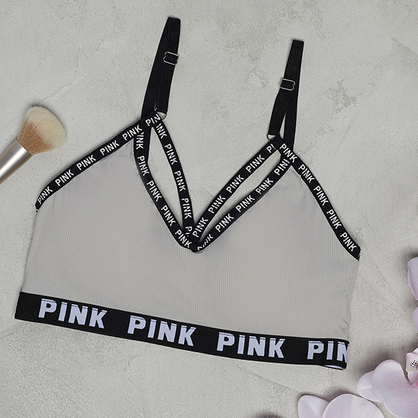 Dámska sivá športová podprsenka s nápismi - Spodná bielizeň