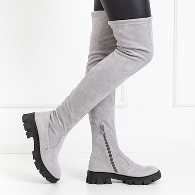 Sivé semišové čižmy nad kolená s plochými podpätkami Engi- Footwear