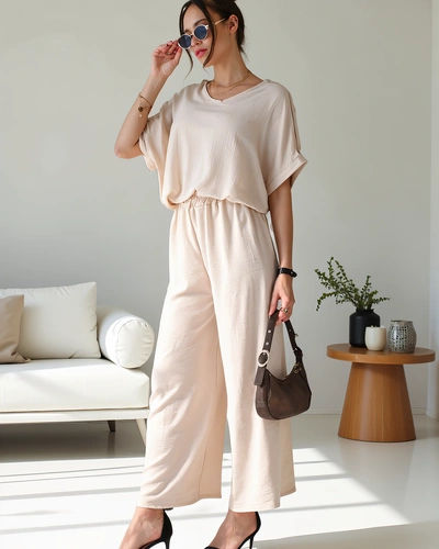 Royalfashion Dámsky ležérny set s kratkým rukávom a širokými nohavicami