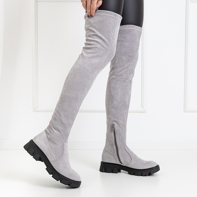 Sivé semišové čižmy nad kolená s plochými podpätkami Engi- Footwear