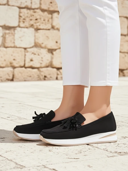 Ženski mokasini Aelia črni iz semiš eko usnja s peto 4 cm