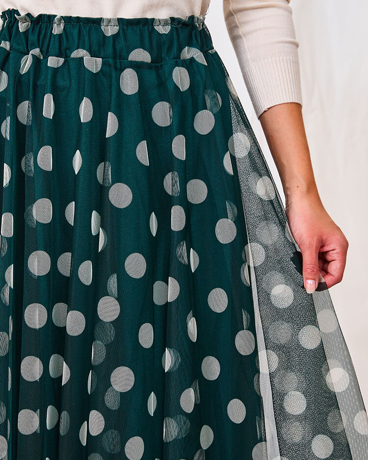 Royalfashion Tmavozelená dámska dvojvrstvová hrášková midi sukňa