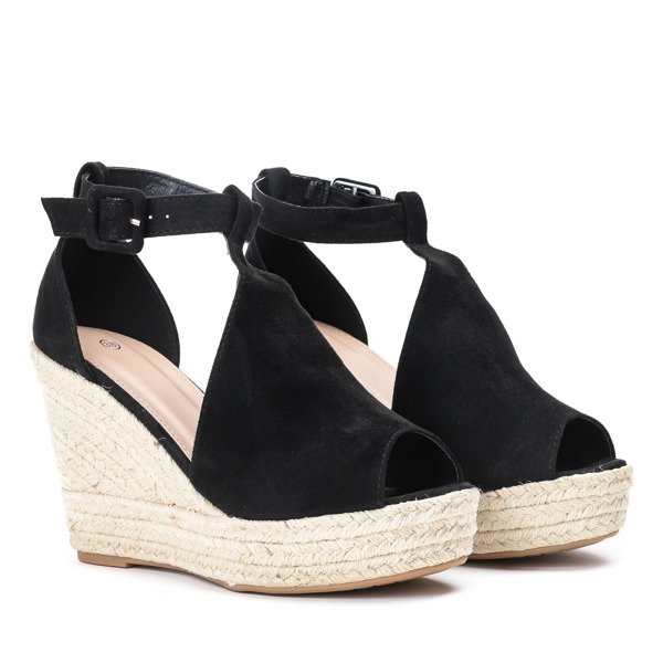 Czarne sandały na koturnie z cholewką Miribelo - Obuwie