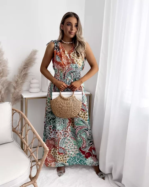 Vzorované zeleno-oranžové dámske midi šaty Oblečenie