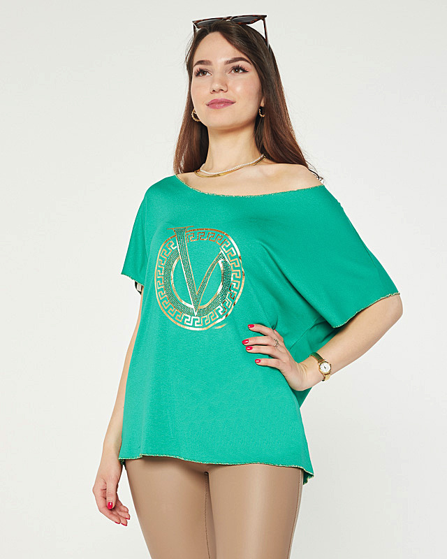 Zelená dámska blúzka s potlačou a kubickými zirkónmi - Oblečenie