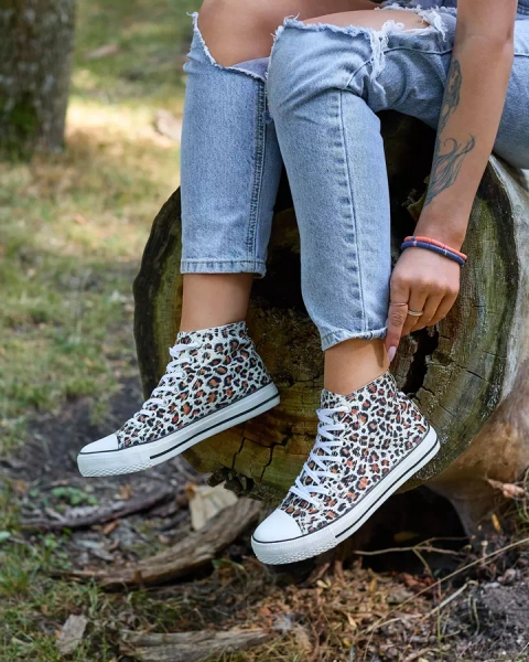 Royalfashion Dámske béžové vysoké tenisky s módnym vzorom Jungle Jive