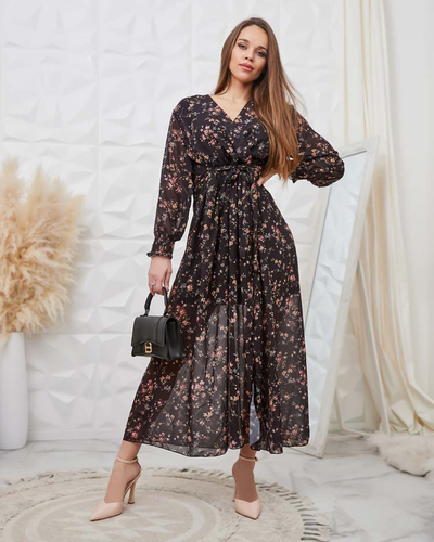Royalfashion Čierne vzorované dámske maxi šaty