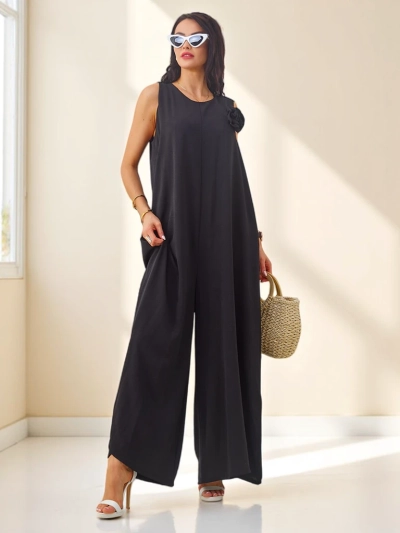 Eleonora Nero – črn kombinezon iz viskoze na naramnice, široke hlačnice