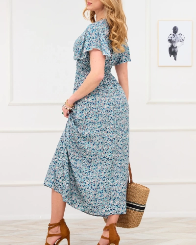 Zelené dámske kvetinové šaty s obálkovým výstrihom - Oblečenie