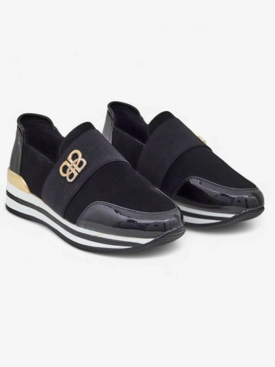 Ženski slip-on čevlji Elektra Nero z zlatim poudarkom, ekološko usnje, 3,5 cm