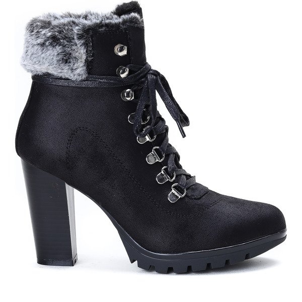 Czarne botki na słupku z futerkiem Rose - Obuwie