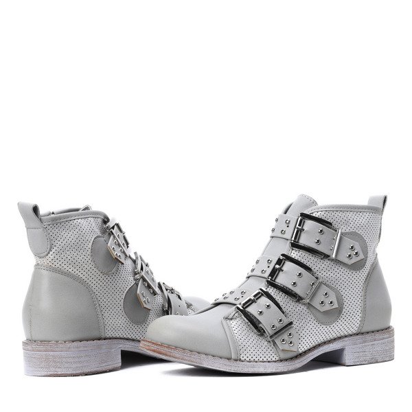 Szaro-srebrne workery z trzema klamrami Momo - Obuwie