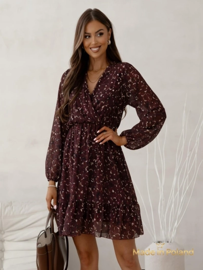 Royalfashion Ženska mini obleka z vzorcem, volančki in preklopnim izrezom