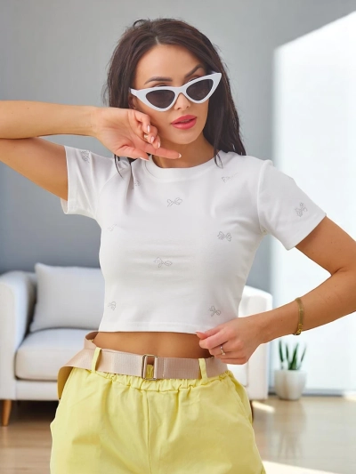 Royalfashion Dámsky bavlnený crop top s kamienkami v tvare mašle