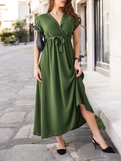 Royalfashion Dámske midi šaty s prekladaným výstrihom, krátkymi rukávmi a opaskom