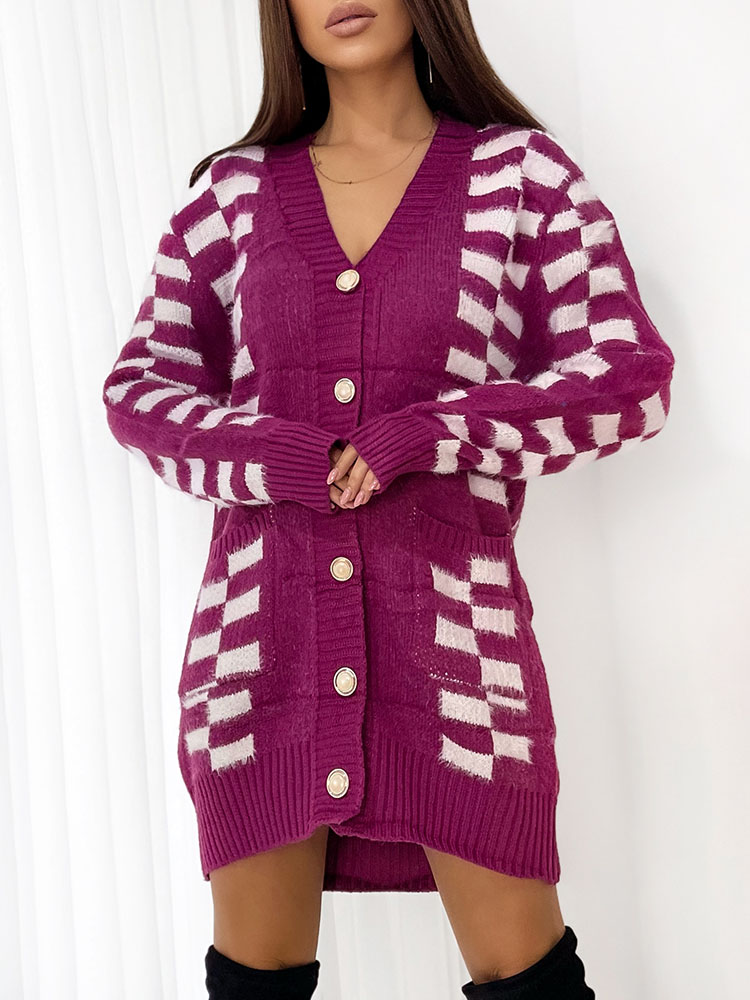 Royalfashion Koalt dlhý kockovaný sveter na gombíky