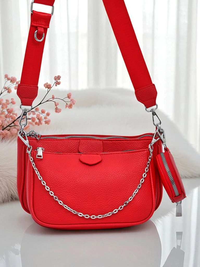 Ženska torbica Arista Rosso iz eko usnja, verižica, mini komplet