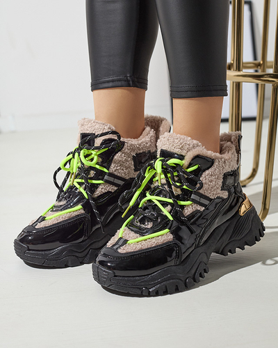 Čierna dámska športová obuv s kožušinou a neónovo žltými šnúrkami Adbo- Footwear
