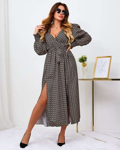 Royalfashion Béžovo-čierne vzorované dámske maxi šaty
