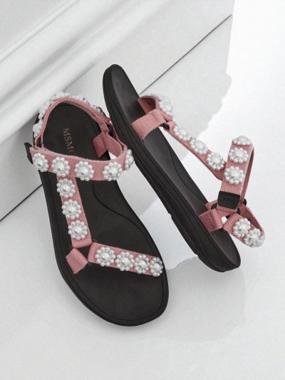 Sandali Letitia Royalfashion roza s platformo - biserni džeti klasični