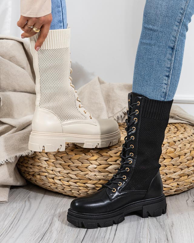 Prelamované čierne dámske čižmy na šnurovanie Buhomi - Footwear
