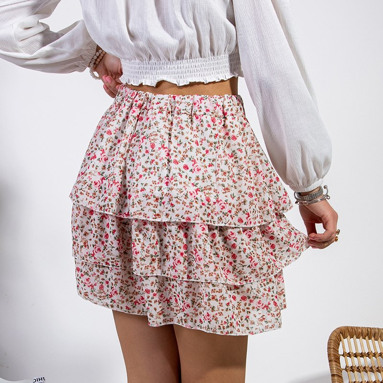 Krémová krátka kvetinová áčková sukňa - Oblečenie