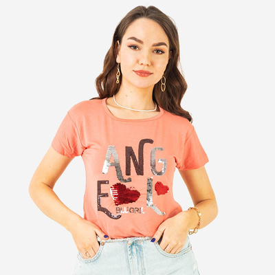 Dámske koralové tričko s flitrovým nápisom - Clothing