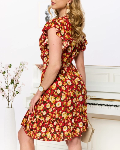 Červeno-žlté krátke dámske šaty s potlačou - Oblečenie