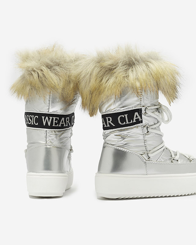 Strieborné detské slip-on topánky a'la snow boots s kožušinkou Asika - Obuv