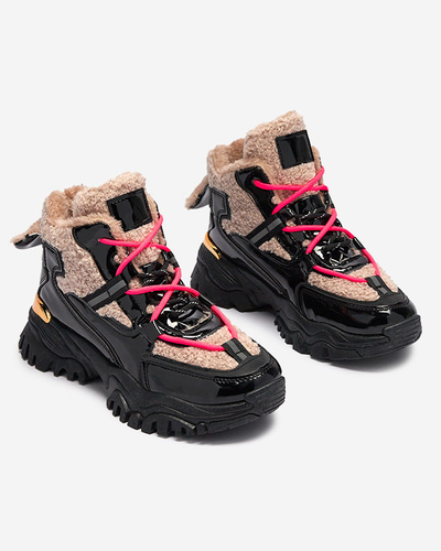 Čierna dámska športová obuv s kožušinou a neónovo ružovými šnúrkami Adbo- Footwear