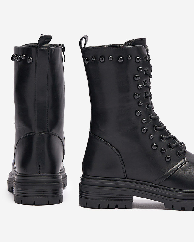 OUTLET Čierne dámske šnurovacie čižmy s perlami Gunny- Obuv