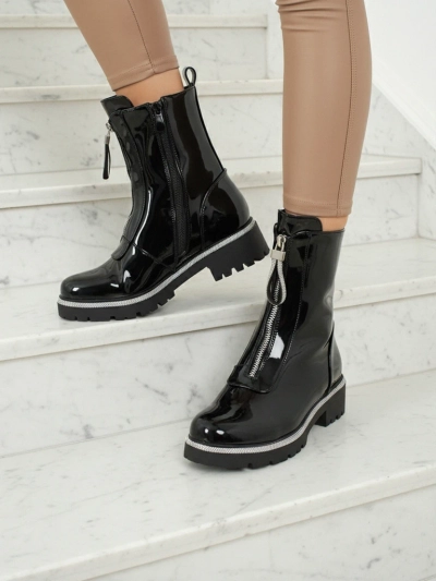 Lakirani eko skórzane botki damskie z cyrkoniami Nuvina