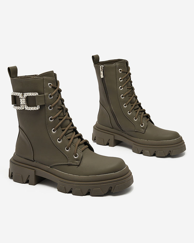 Royalfashion Dámske šnurovacie čižmy v khaki farbe Cefitity