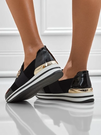 Ženski slip-on čevlji Elektra Nero z zlatim poudarkom, ekološko usnje, 3,5 cm