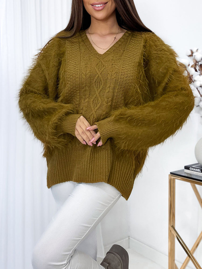 Royalfashion Huňatý dámsky sveter v horčicovej farbe