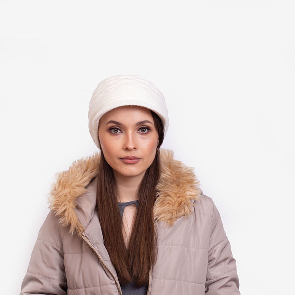 Dámsky biely teplý klobúk s perličkami - Doplnky