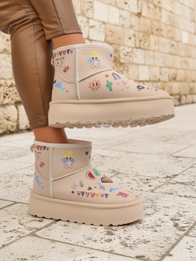 Topli Čevlji Callisto Angelico z Otroškimi Risbami na Platformi Bež