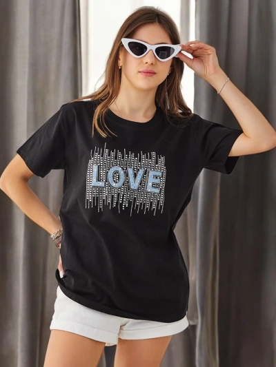 Royalfashion Dámske bavlnené tričko LOVE s kamienkami