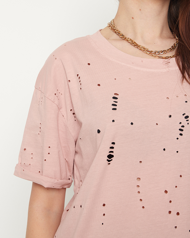Bavlnené dámske tričko s ozdobnými dierkami v pastelovej ružovej farbe - Oblečenie