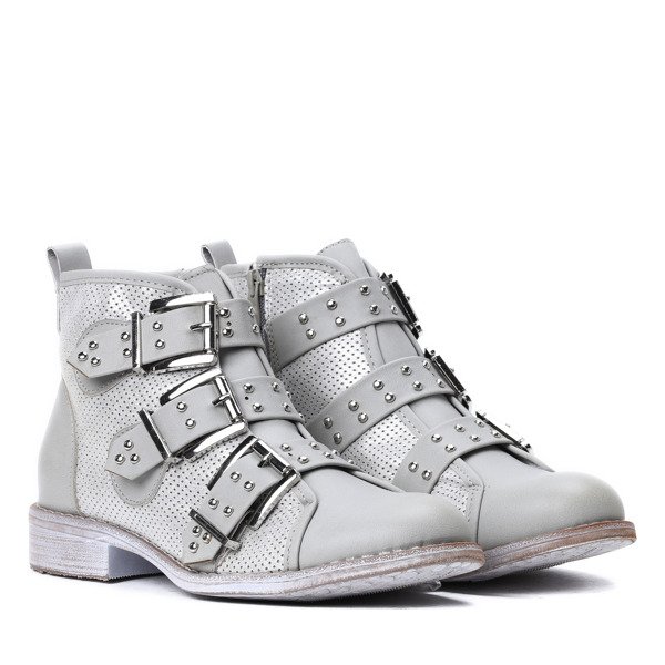 Szaro-srebrne workery z trzema klamrami Momo - Obuwie