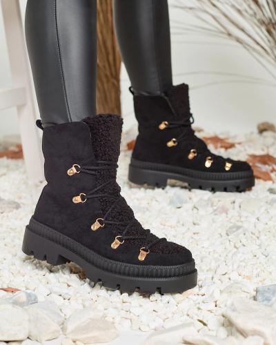 Royalfashion Čierne dámske zateplené trapérky s ovčou kožušinou Lery Walk