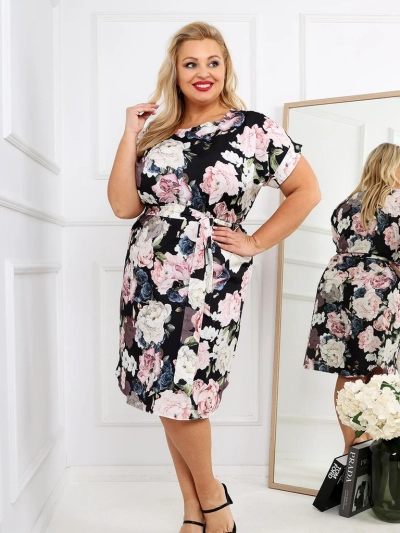 Royalfashion Dámske šaty po kolená s krátkymi rukávmi a ružovou šnúrkou