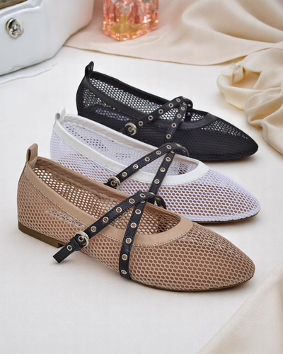 Balerinke Royalfashion Calista Bianca – mrežasti beli ženski čevlji s črnimi paščki