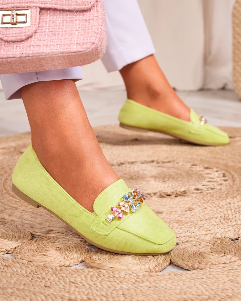 Royalfashion Neónovo zelené dámske mokasíny s kryštálmi Olkeri