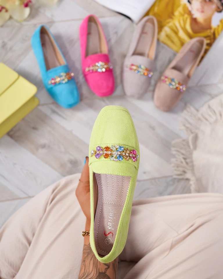 Royalfashion Neónovo zelené dámske mokasíny s kryštálmi Olkeri