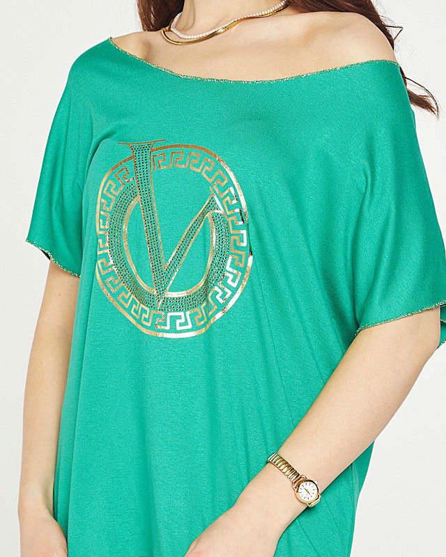 Zelená dámska blúzka s potlačou a kubickými zirkónmi - Oblečenie