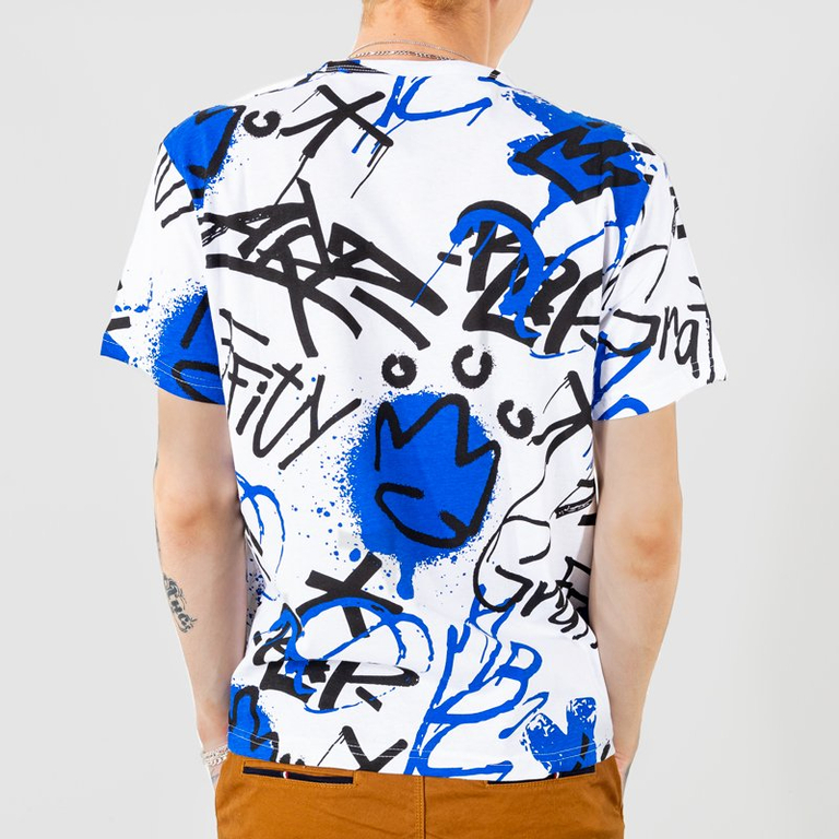 Biele a modré bavlnené pánske tričko s nápismi - Oblečenie