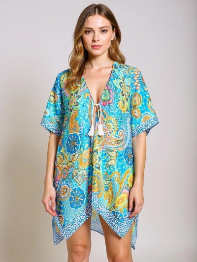Sukienka Pareo Aurora Riviera – kolorowa tkanina Royalfashion, dekolt V